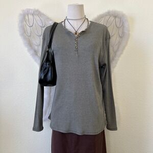 Indie Grunge Granola Girl Grey Green Ribbed Long Sleeve Henley Top Cozy Minimal